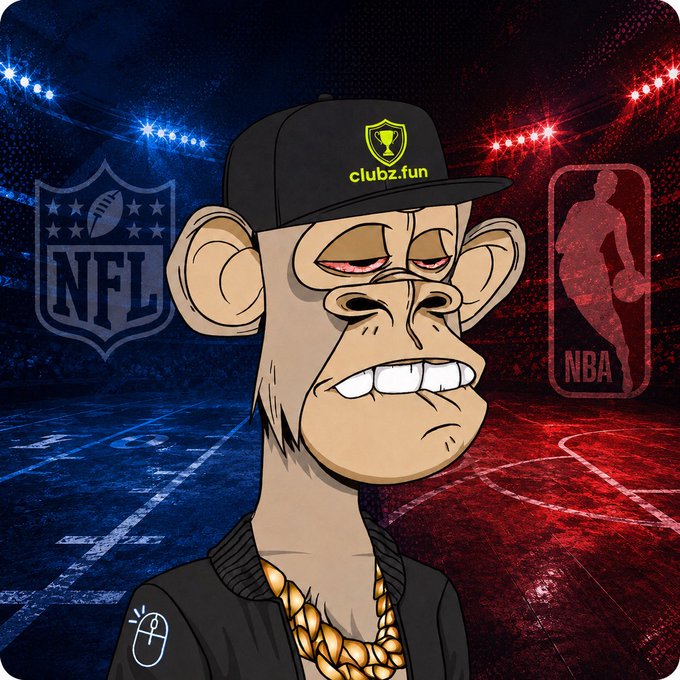 A cartoon monkey character wearing a black cap with a yellow shield logo and "clubz.fun" text, a gold chain, and a black jacket, set against a split background featuring "NFL" and "NBA" logos.