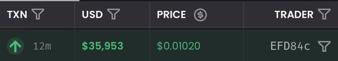 A cryptocurrency trading interface displays the pair 'TXN' with a value of '$35,953', a price of '$0.01020', and trader 'EFD84c' over a 12m timeframe.