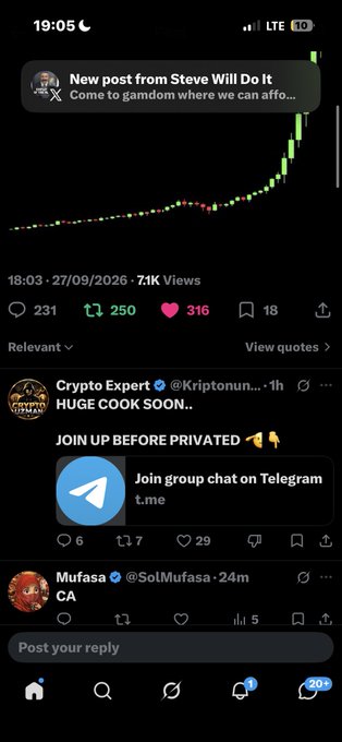 A social media feed showing a notification 'New post from Steve Will Do It' and various posts including one by 'Crypto Expert' (@Kriptonum) saying 'HUGE COOK SOON.. JOIN UP BEFORE PRIVATED' with a Telegram group link.