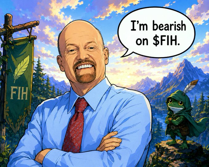 A smiling, bald man in a blue shirt and red tie stands with arms crossed in a fantasy mountain landscape, declaring in a speech bubble, "I'm bearish on $FIH." Beside him, a frog-like character in a green hooded cloak and a green "FIH" banner are visible, humorously reinforcing the post's theme of financial skepticism toward the $FIH ticker in pursuit of "financial freedom."