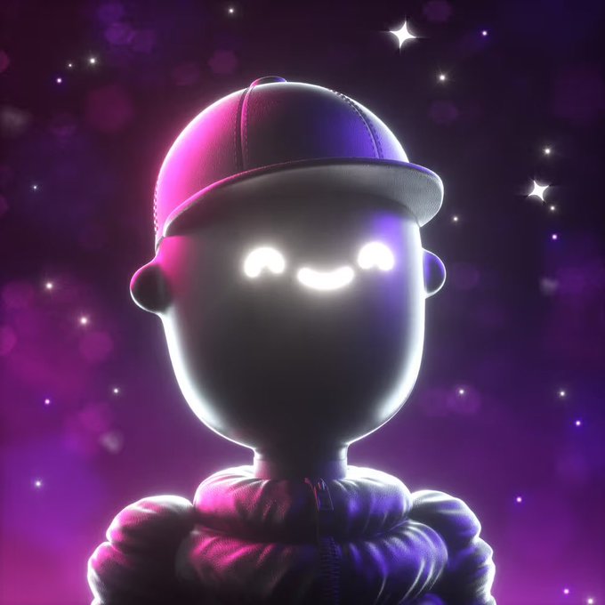 A 3D-rendered character with a glowing smiling face and a baseball cap is set against a dark purple background with floating light particles.