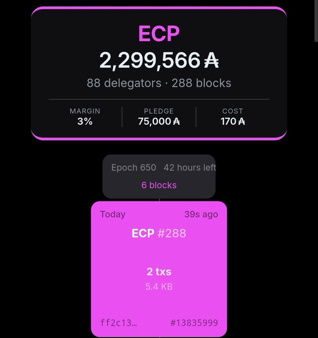 The image displays a Cardano staking pool dashboard for ECP, showing 2,299,566₳ in reserves, 88 delegators, 288 blocks, and a 3% margin with a 75,000₳ pledge. It highlights that the pool has just minted its 6th block of Epoch 650 (ECP #288) as referenced in the accompanying post celebrating the achievement.