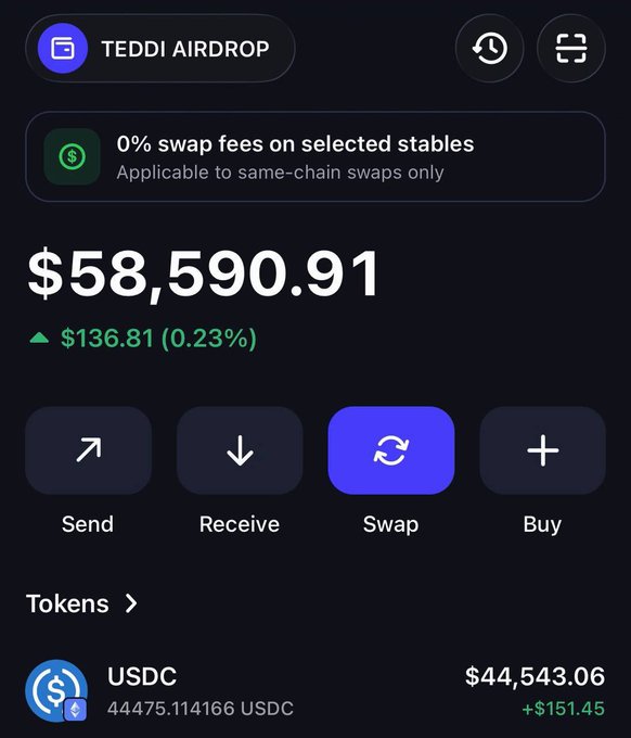 A screenshot of a crypto wallet interface showing a balance of $58,590.91 and options for Send, Receive, Swap, and Buy, with a USDC holding valued at $44,543.06.