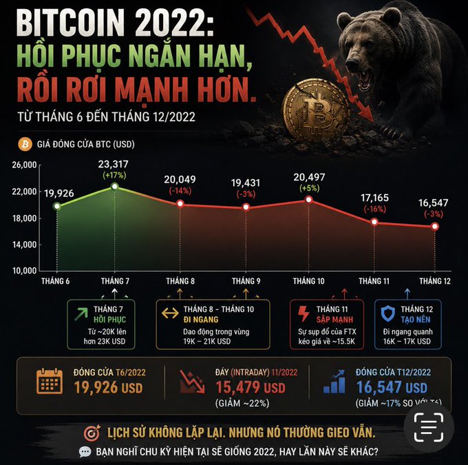 A Vietnamese-language Bitcoin infographic titled 'BITCOIN 2022: HỒI PHỤC NGẮN HẠN, RỒI RƠI MẠNH HƠN' depicting BTC price movement from June to December 2022, showing a high of $23,317 and ending at $16,547, accompanied by a bear graphic.
