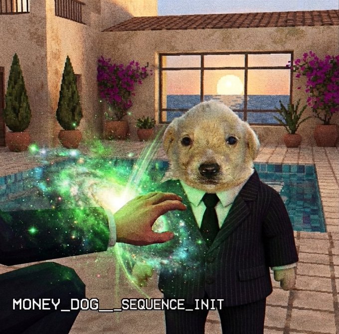 A golden retriever puppy in a pinstriped suit stands by a poolside villa at sunset while a suited arm conjures magical green stardust toward it, with the text "MONEY_DOG___SEQUENCE_INIT" below—visually pairing the post's $Jotchua reference with the ritualistic "cult" energy and a watchful eye cast on their dog mascot.