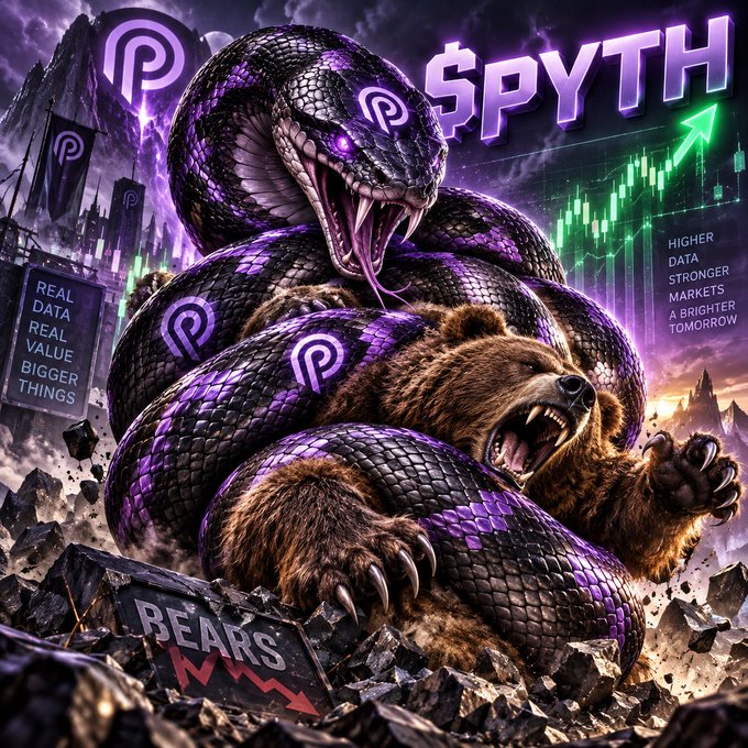 A dramatic, AI-generated image titled "$PYTH" depicting a giant purple snake with "P" symbols strangling a fierce brown bear, set against a background showing a stock chart with the text "HIGHER DATA STRONGER MARKETS A BRIGHTER TOMORROW" and signs reading "REAL DATA REAL VALUE BIGGER THINGS" and "BEARS".