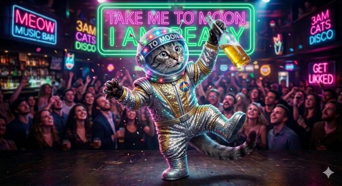 An AI-generated image shows a cat wearing a sparkly astronaut suit and helmet on a neon-lit stage with signs reading 'TAKE ME TO MOON', 'MEOW MUSIC BAR', and '3AM CATS DISCO'.