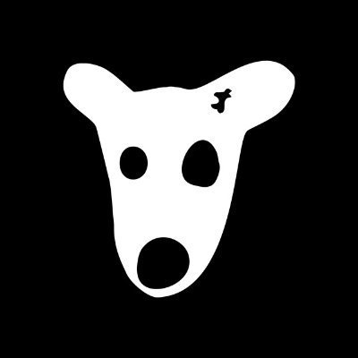 A simple white silhouette of a dog or animal head with large hollow eyes and an open mouth against a solid black background.