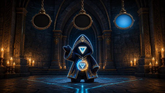 A stylized, hooded cartoon character with a glowing blue triangle on its face and chest, standing in a dark, gothic stone chamber illuminated by candles and three hanging circular mirrors or portals.