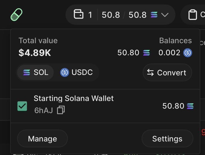 A cryptocurrency wallet interface showing a total value of $4.89K with balances of 50.80 SOL and 0.002 USDC, labeled 'Starting Solana Wallet'.