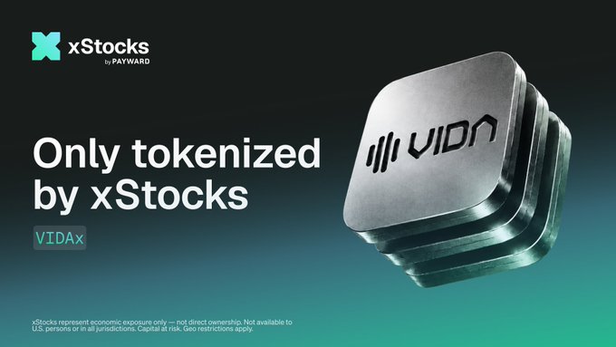 An advertisement for xStocks by Payward showing a metallic token labeled 'VIDAX' with the text 'Only tokenized by xStocks'.