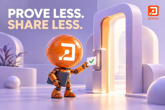 An advertisement for 'primus' showing a 3D orange robot character holding a green checkmark card in front of an open door, with the text 'PROVE LESS. SHARE LESS.' in the upper left corner.