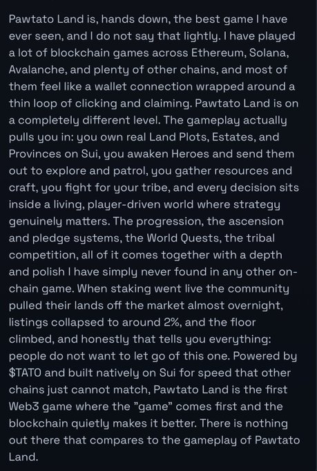 Promotional text praising Pawtato Land as the best blockchain game, highlighting land ownership, heroes, resources, and being powered by $TATO natively on Sui.