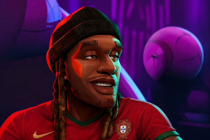 A stylized digital portrait illustration of a smiling man with dreadlocks wearing a beanie and a red Portugal national football team jersey with the Nike logo.