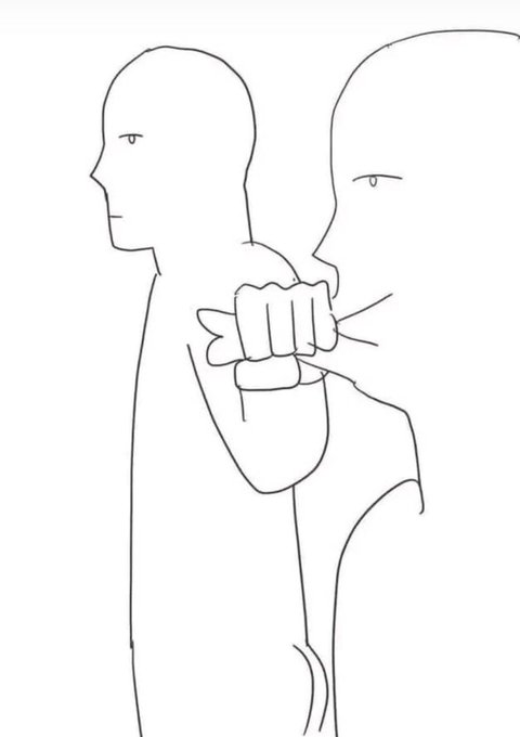 A simple black-and-white line drawing depicting two stylized figures standing back-to-back, with one figure clenching a fist in front of its chest.