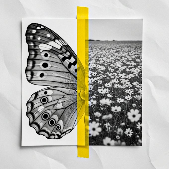 A black and white photograph split down the middle by yellow tape, showing a butterfly wing on the left and a field of flowers on the right, all on crumpled paper.