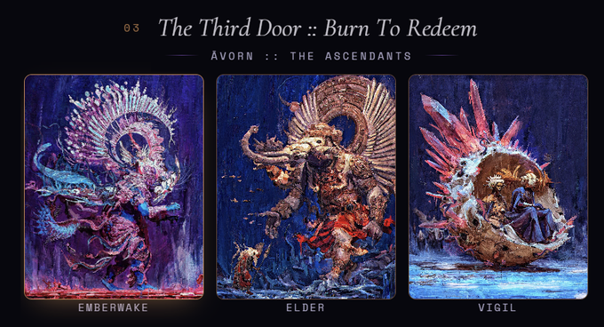 Promotional artwork titled '03 The Third Door :: Burn To Redeem' by Ávorn :: THE ASCENDANTS, displaying three fantasy character illustrations labeled 'EMBERWAKE', 'ELDER', and 'VIGIL'.