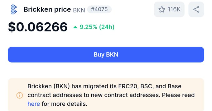Price tracking page for 'Brickken price BKN #4075' showing a current price of $0.06266 with a 9.25% increase in 24 hours, along with a 'Buy BKN' button and a contract migration notice.