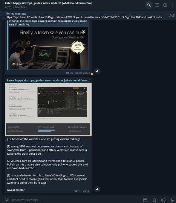A screenshot of a Telegram chat titled "kate's happy airdrops, guides, news, updates" shows a pinned message advertising a TreadFi token sale (85% discount, ending in "39" edited days) and a follow-up message from user "caveat emptor" listing red flags about the project, including misleading pricing ($35B valuation claim), low public token allocation (50 people on a Jack Shit "whitelist"), and reliance on VC funding to dump bags. The image visually supports the post by showing the skeptical analysis and warning readers to consult the channel for "juicy gossip" before bidding $1500 on Ethos tokens.