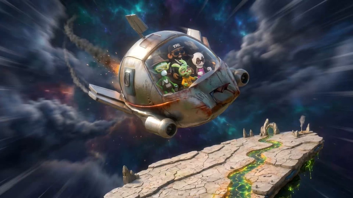 The image features a spaceship flying through space, with a group of people inside the ship. They appear to be enjoying their time together as they travel through the galaxy. The photo has been edited to include elements from the post about a new land on another side of the world and a mobile app called "@zjbrenner For The Early Access To".