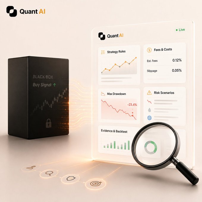 A promotional graphic for "Quant AI" displays a black "BLACK BOX" showing a "Buy Signal" next to a dashboard of analytics including "Strategy Rules," "Fees & Costs," "Max Drawdown," and "Risk Scenarios," with a magnifying glass in the foreground.