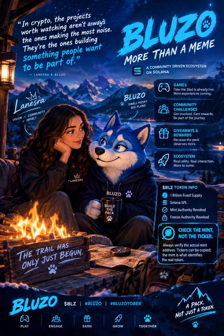 A detailed promotional infographic for the 'BLUZO' memecoin, featuring an illustrated woman and anthropomorphic blue wolf by a campfire, with sections detailing games, community challenges, giveaways, ecosystem info, and $BLZ token details.