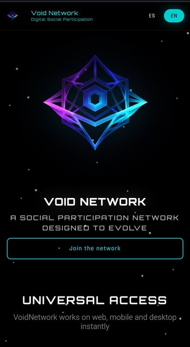 The image shows the landing page of "Void Network," described as "A Social Participation Network Designed to Evolve," featuring a glowing geometric logo and a "Join the network" button. Language options ("ES" and "EN") appear at the top, and a "Universal Access" section notes that VoidNetwork works on web, mobile, and desktop. The post pairs with this image by promoting the project's mining rate of 0.8650 VOID/HR, a referral code (5D33CE38), and an invitation link to start participating early.