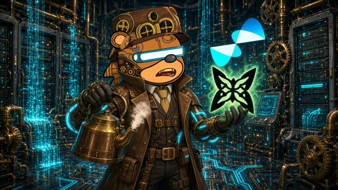 A steampunk-style illustration of a bear character wearing goggles and a trench coat, holding a brass kettle and a glowing green butterfly emblem, set against a digital/industrial background with logos.