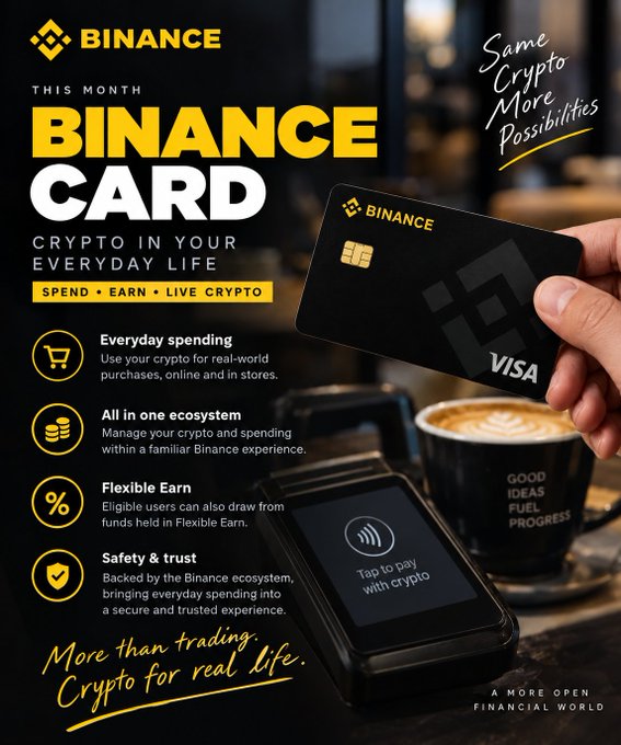 A hand holds a black Binance Visa card above a payment terminal displaying "Tap to pay with crypto," with a coffee cup nearby, illustrating the promotion's claim that the Binance Card lets eligible users spend crypto on everyday purchases like retail, dining, and online stores, supported by features highlighted in the ad: "Everyday spending," "All in one ecosystem," "Flexible Earn," and "Safety & trust."