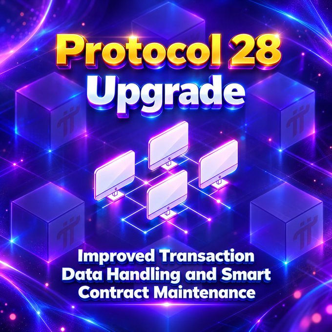 A vibrant promotional graphic announces "PROTOCOL 28 Upgrade" from Pi Network, featuring interconnected monitors and cubes against a glowing purple-blue background, with the tagline "Improved Transaction Data Handling and Smart Contract Maintenance"—visually reinforcing the post's news that Pi Testnet has launched Protocol 28 following the successful Protocol 27 upgrade on Pi Mainnet.