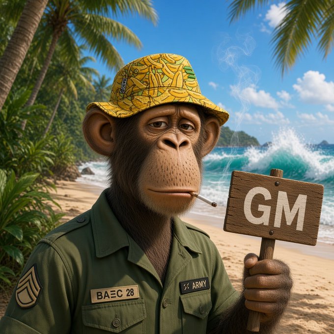 A digital illustration of a chimpanzee wearing a yellow banana-patterned bucket hat and a green military shirt with 'ARMY' and 'BA EC 28' patches, smoking a cigarette and holding a wooden sign reading 'GM' on a tropical beach.