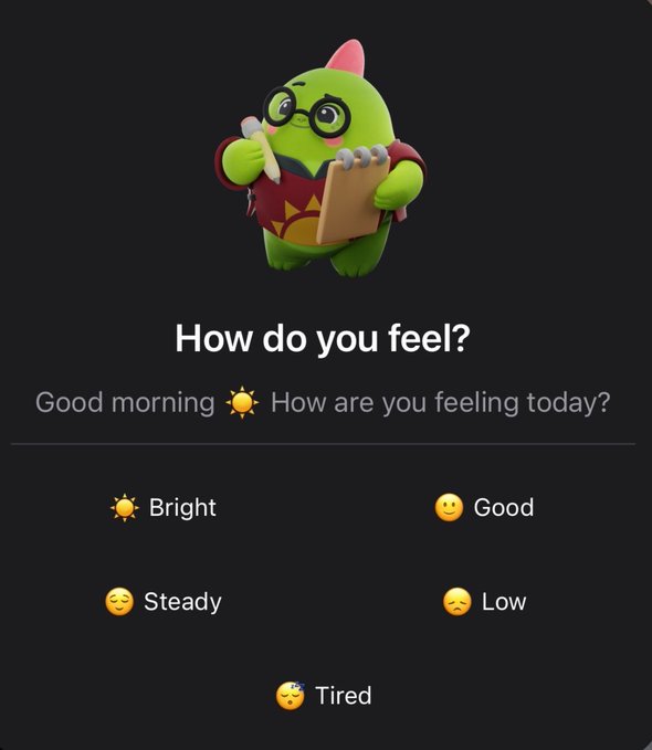 A mood-tracking app screen with a green mascot character holding a notebook, asking 'How do you feel?' with options: Bright, Good, Steady, Low, and Tired.