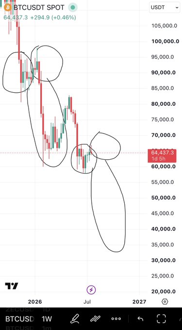 A BTCUSDT weekly chart on TradingView showing Bitcoin's price declining from around $100,000 to $64,437.30, with hand-drawn ovals circling candlestick formations that resemble a penis shape pattern, humorously illustrating the viral chart pattern joke.