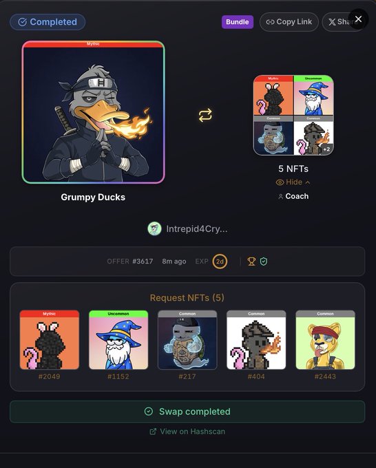 A completed NFT swap transaction screen showing 'Grumpy Ducks' collection being exchanged for '5 NFTs' with various character artwork, including a user handle 'Intrepid4Cry...' and a swap value of 3617.