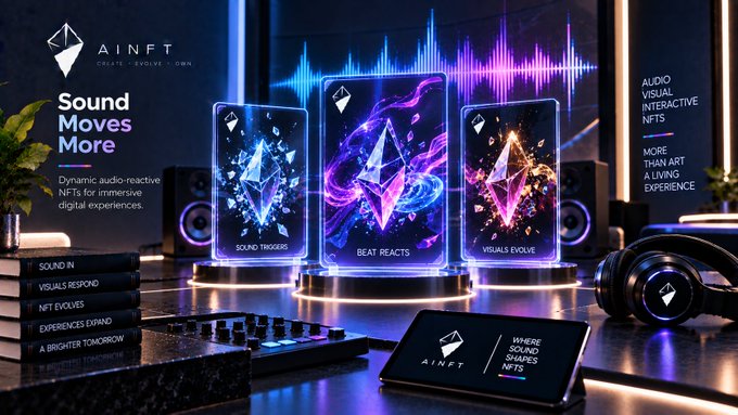 A promotional graphic for 'AiNFT' features dynamic audio-reactive NFTs with displays labeled 'SOUND TRIGGERS,' 'BEAT REACTS,' and 'VISUALS EVOLVE,' accompanied by the tagline 'Sound Moves More.'