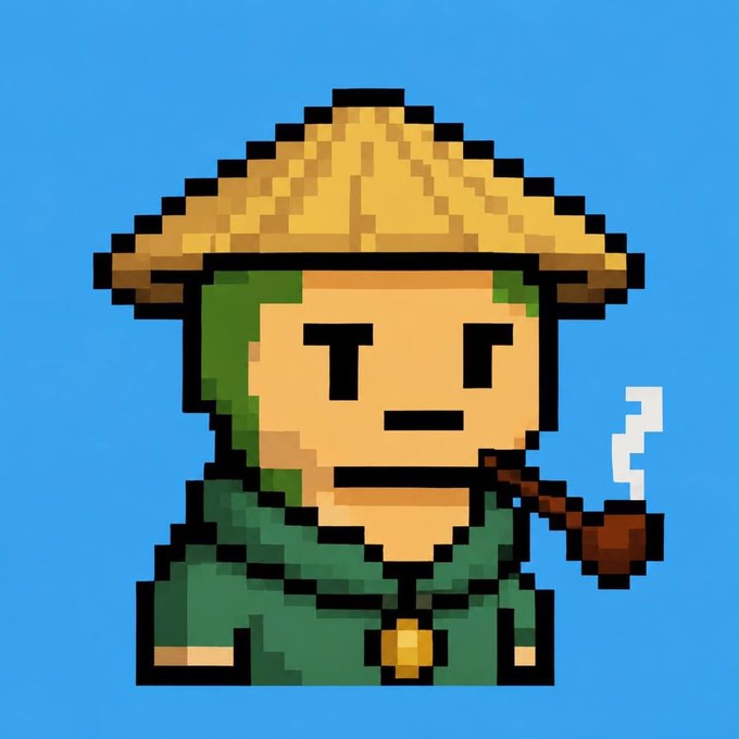 A pixel art illustration of a character with green hair wearing a large straw hat and green clothing, smoking a pipe against a blue background.