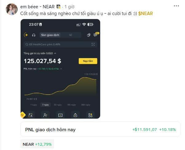 A social media post in Vietnamese from 'em bèe' showing a crypto trading app screenshot for $NEAR with a balance of 125.027,54$ and a profit of +$11.591,07 (+10.18%).