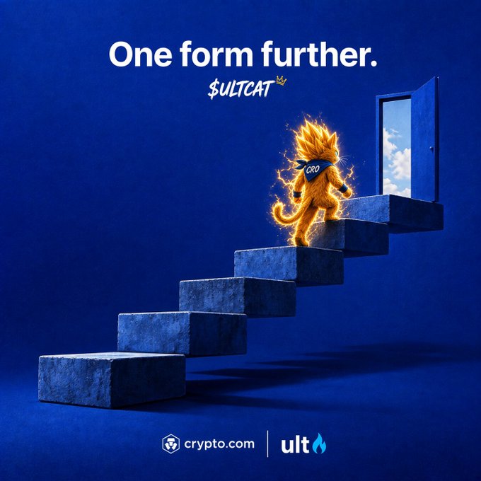 A promotional poster reading "One form further. $ULTCAT" featuring a fiery cat character walking up stairs toward an open door, branded with crypto.com and ULT logos.
