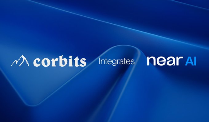 The image displays a blue gradient background featuring the text "Corbits Integrates near AI," with the Corbits logo on the left and the "near AI" branding on the right, visually announcing the integration partnership described in the post between Corbits and NEAR AI's Private Inference for secure, verifiable AI agents.