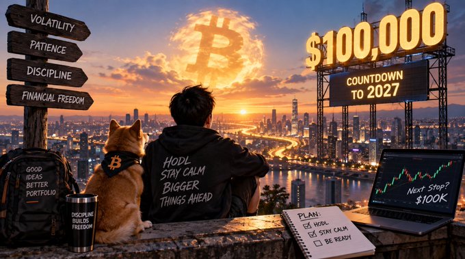 A person and a dog in Bitcoin-themed attire looking out over a cityscape at sunset, with a sign reading '$100,000 COUNTDOWN TO 2027', a laptop showing a chart with 'Next Stop? $100K', and a notepad with a plan checklist.