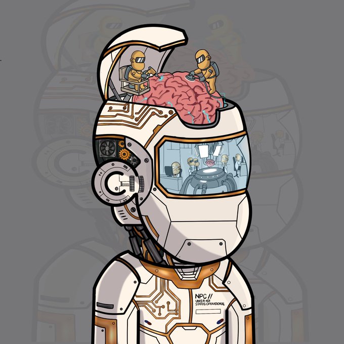 A futuristic robot reveals its inner workings—mechanics tinkering with its exposed brain at the top and scientists gathered around in a transparent head display—with text reading "NPC // UNIT #101 STATUS: OPERATIONAL" on its chest, fitting the post's playful "Tacos Tuesday" greeting by humorously portraying the AI itself as a mechanical creature being examined and serviced.