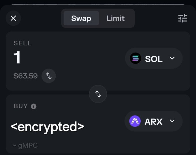The image shows a screen displaying two cryptocurrency trading options, with one being an encrypted version of another. The text "1 $SOL = <encrypted> $ARX" indicates that the first option is an encrypted version of the second option. This implies that the user might be trying to hide their transaction details or protect sensitive information related to the cryptocurrency market.