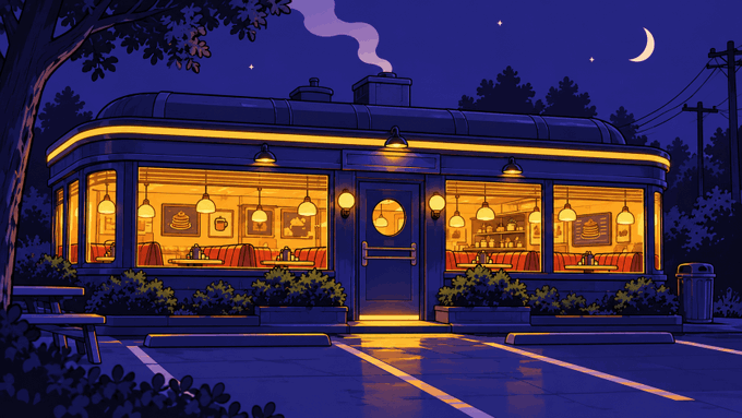 A glowing diner at night with a crescent moon overhead and warm light spilling from its windows, where a small plaque reads "OPEN" above the door, evoking a welcoming, "first come, first served" atmosphere that mirrors the imminent launch of $JACK in 24 hours.