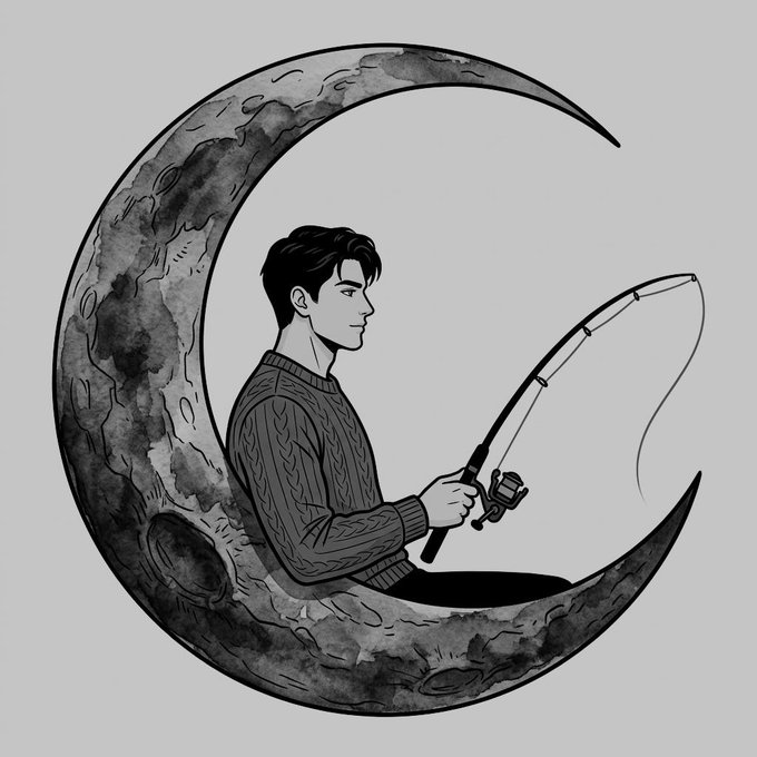 A black and white illustration of a young man in a cable-knit sweater sitting on a crescent moon while holding a fishing rod.