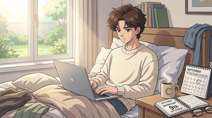 An anime-style illustration of a young man with brown hair working on a laptop while sitting on a bed, with a calendar marked 'SEPTEMBER 9th' and a steaming coffee mug on the side table.
