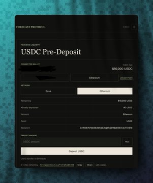 The image shows a screenshot of a website with a profile page featuring a table titled "Pre-deposit" that lists different transactions such as Bitcoin. In addition, there's a section displaying details about the wallet, including its address and amount. The main focus is on the forescap protocol where a user has started an account, and they are spreading the word to others. This information suggests that it might be a new cryptocurrency or financial technology platform based in Forecast Protocol itself.