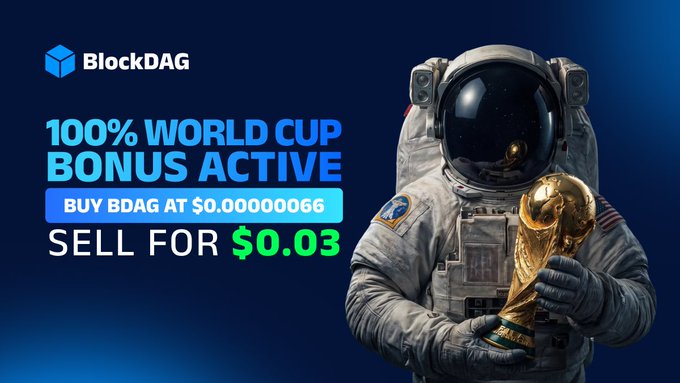 An astronaut in a spacesuit holds the FIFA World Cup trophy beside BlockDAG branding, promoting the "100% WORLD CUP BONUS" with text reading "BUY BDAG AT $0.00000066" and "SELL FOR $0.03," tying the trophy imagery to the post's celebration of BlockDAG's milestone achievements and launch.