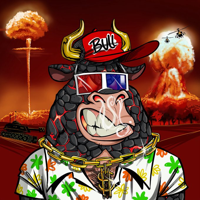 A cartoon bull character wearing a red 'Bull' cap, 3D glasses, and a gold chain smokes a joint while wearing a Hawaiian shirt, set against an apocalyptic background with nuclear explosions, a tank, and helicopters.