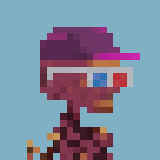 A pixel art style image of a red and purple humanoid character wearing a futuristic white visor against a solid light blue background.