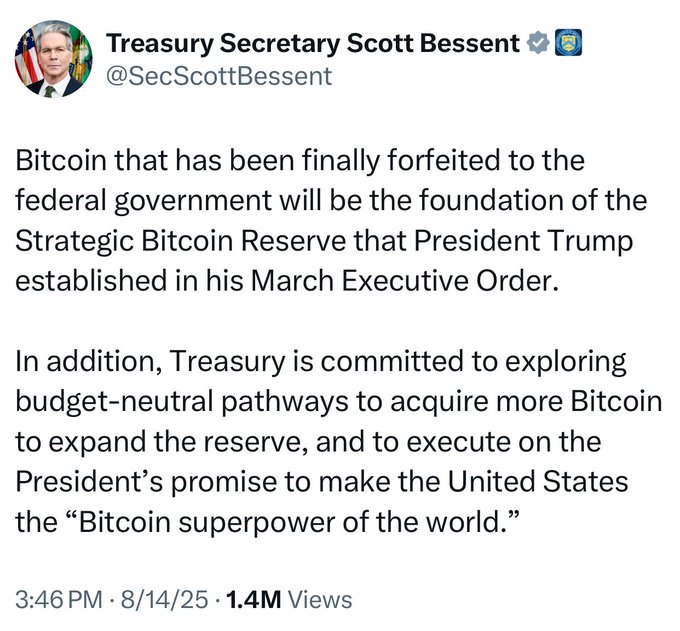 A screenshot of a tweet from Treasury Secretary Scott Bessent (@SecScottBessent) dated 8/14/25 announcing that forfeited Bitcoin will seed a Strategic Bitcoin Reserve and that Treasury is exploring budget-neutral ways to expand it. The post celebrates this as a win for the "node is law" crowd, framing federal government Bitcoin accumulation as validation of Bitcoin's decentralized, non-security nature against those pushing a digital gold narrative.